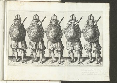 Kalkan ve Diken Alıştırması: Sağ Eldeki Meç ve Kalkan Göğsün Önünde (No. 32), 1618 Nassausche Wapen-Handelinge, van Schilt, Spies, Rappier andde Targe: beyde figuerlick tasviri by Adam van Breen