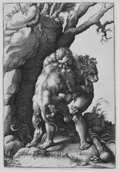 Herkül ve Nemean Aslanı. by Adamo Scultori
