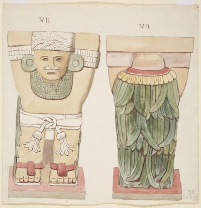 Dış odadan Caryatid, Temple A, top sahası, Chichen Itza, Meksika (suluboya) by Adela Breton