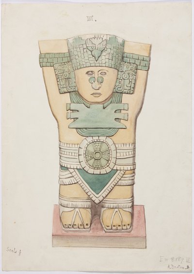 Dış odadan Caryatid, Temple A, top sahası, Chichen Itza, Meksika (suluboya) by Adela Breton