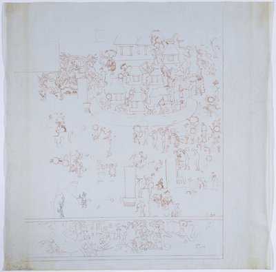 Batı duvarından tam bir duvar resminin kopyası, Jaguarların Üst Tapınağı, Chichen Itza, Meksika Batı duvarındaki iç oda Kırmızı mürekkeple çizilmiş (kırmızı ve siyah mürekkep ve grafit) by Adela Breton
