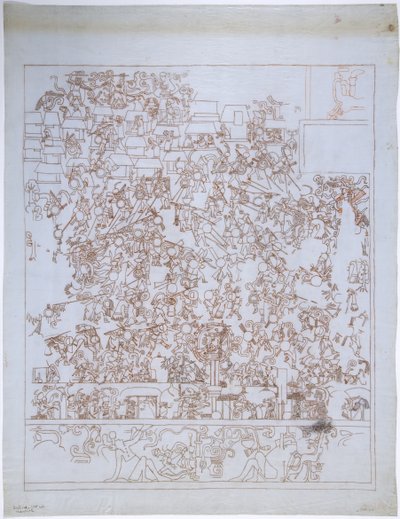 Bir duvar resminin kopyası, Jaguarların Üst Tapınağı, Güney Yakası, Batı Duvarı, Jaguarların Üst Tapınağı, Chichen Itza, Meksika (kırmızı mürekkep ve grafit) by Adela Breton