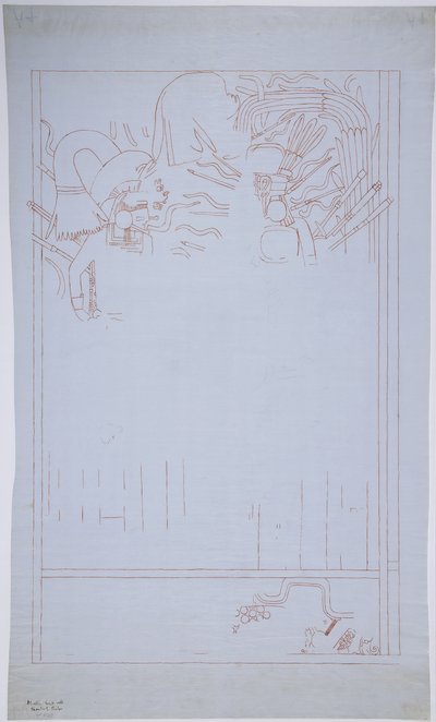 Doğu Duvarı, Jaguarların Yukarı Tapınağı, Chichen Itza Meksika'dan bir duvar resminin kopyası (kırmızı mürekkep ve grafit) by Adela Breton