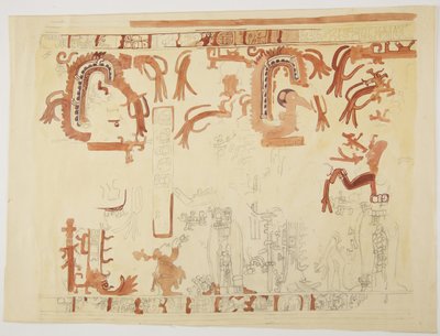 Bir tencereden tasarım Belize (eski İngiliz Honduras) Tasarım, insan figürlerini ve tüylü yılanları içerir (suluboya) by Adela Breton