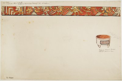 Üçayaklı bir vazonun (grotesk figürleri gösteren) iç bordürü ve dikdörtgenler içinde desenli beyaz bir kap (suluboya) by Adela Breton