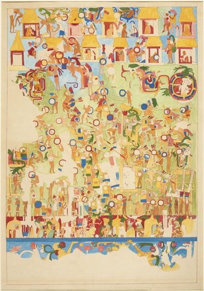 Jaguarların Üst Tapınağı'nın güney duvarından bir duvar resminin çeyrek ölçekli kopyası, Chichen Itza, Meksika (suluboya) by Adela Breton