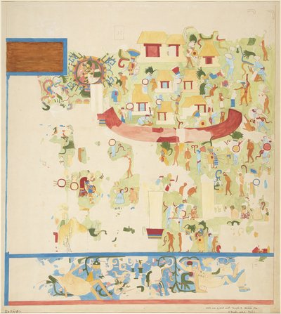 Batı duvarının kuzey ucundan duvar resminin çeyrek ölçekli kopyası, Jaguarların Üst Tapınağı, Chichen Itza, Meksika (suluboya) by Adela Breton