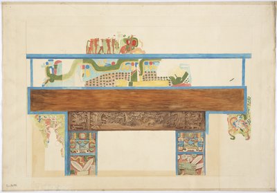 Bir duvar resminin çeyrek ölçekli kopyası batı duvarı, Jaguarların Yukarı Tapınağı, Chichen Itza, Meksika (suluboya, gövde rengi, grafit) by Adela Breton