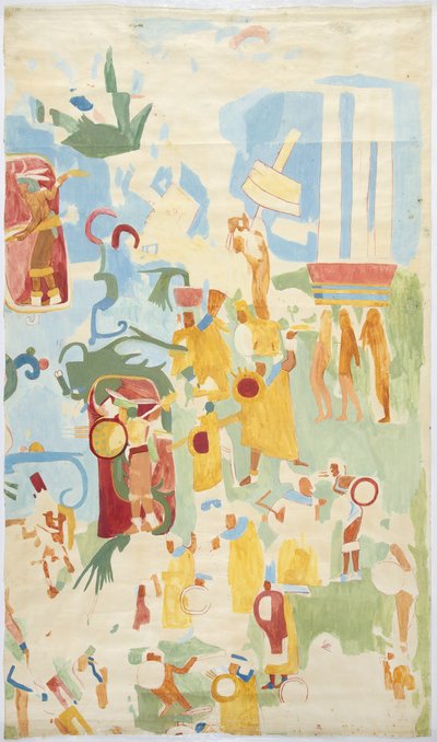 Bir duvar resminin izi İç odanın kuzey duvarı, Jaguarların Üst Tapınağı (Maudsley Tapınağı AT), Chichen Itza, Meksika (suluboya ve gövde rengi) by Adela Breton