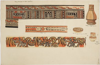 İki kavanoz (biri uzun, dar boyunlu) ve desenli bir tabak (suluboya) by Adela Breton