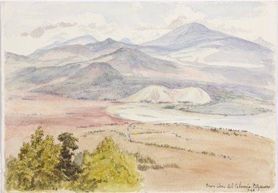 Cerro del Calvario, Patzcuaxo, kağıdın bir tarafında ve diğer tarafında antik kale ve taş höyüklerin bir görünümü, Cerro del Calvario'dan Iguatcho, Patzcuaro, Michoacan, Meksika (suluboya) by Adela Breton