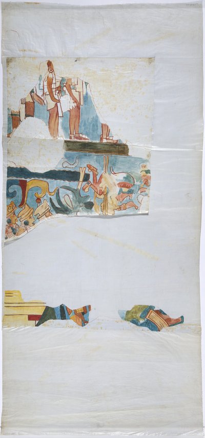 Keten tipi kağıt üzerine suluboya Büyük bir odadaki bir kasadan duvar resminin izlenmesi, Casa de Monjas, Chichen Itza, Meksika (suluboya ve gövde rengi) by Adela Breton