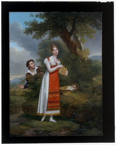 Kuş Kafesi tutan kadın, ötede bir Geyik Avı yapan bir Adam tarafından şaşırdı by Adele Romany