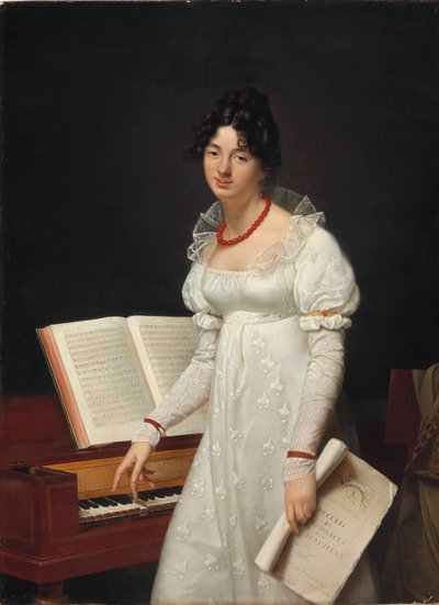 Elinde bir el yazması tutan piyano fortunun yanında duran bir bayan portresi by Adele Romany