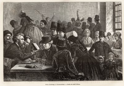 Scene d'auberge, bir Vrouwe-Polder (Vrouwe Polder), Adolf Dillens'in çiziminden sonra gravür, 1873'te Charles de Coster tarafından Zelande'ye (Neerlande) bir yolculuğu resmediyor, “” Le tour du monde”””de yayınlandı. 1874, Edouard Charton t by Adolf Alexander Dillens