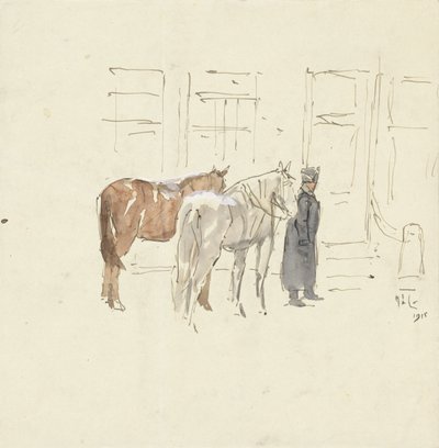 Bir binanın önünde iki atlı adam by Adolf le Comte