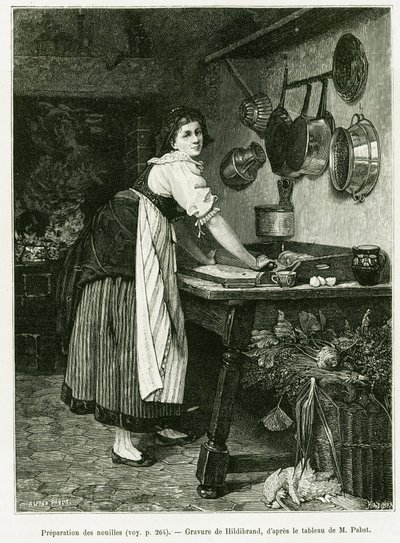 Erişte hazırlığı. Edouard Charton (1807-1890), Hachette, Paris tarafından yönetilen tur du monde 1888'de, 1887'de Alsace ve Lorraine Yoluyla A'yı göstermek için Hildibrand tarafından gravür. by Adolf von Hildebrand