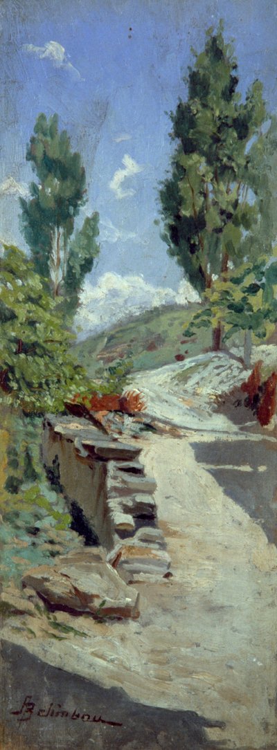 Tepelerde yol, Adolfo Belimbau (1845-1938), panel üzerine yağlı boya, 23x9 cm by Adolfo Belimbau