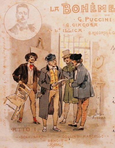 Adolf Hohenstein (1854-1928) tarafından La Boheme'nin ilk performansı için posta kartı by Adolfo Hohenstein