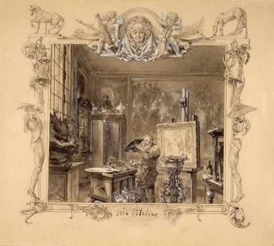 His Studio, 1890 (kağıt üzerine kalem ve mürekkep) by Adolph Menzel