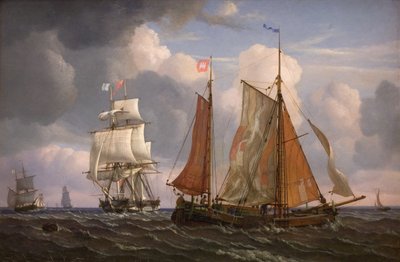 Sesinde Rüzgara Karşı Çarpan ve Yelken Açan Gemiler by Adolph Friedrich Vollmer