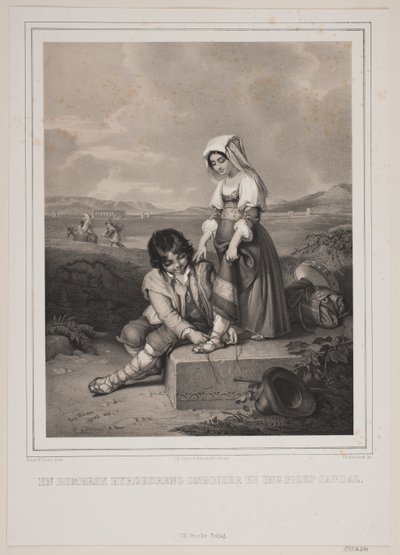 Romalı bir çoban, genç bir kızın sandaletini sarıyor. by Johan Adolph Kittendorff