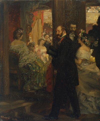 In the Opera House, 1862 (oil on paper mounted on card) by Adolph Menzel