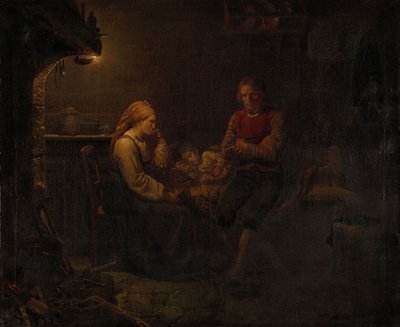 Ebeveynler hasta çocuklarının yatağının yanında by Adolph Tidemand