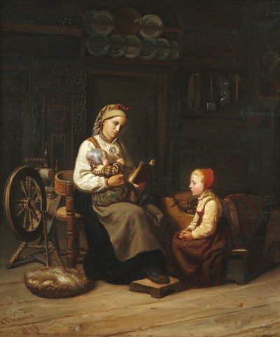 anne öğretiyor by Adolph Tidemand