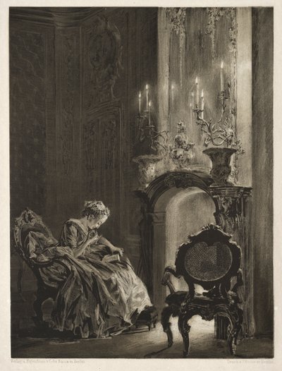 Fırçalı ve Kazıyıcılı Taş Üzerine Deneme: Ocak Başında Okuyan Kadın by Adolph Menzel