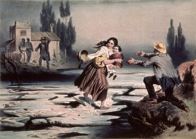 Eliza, Ohio nehrinin buz kütlelerini özgürlüğe geçerken, Charles Bour (1814-81) tarafından oyulmuş Harriet Beecher Stowe tarafından 