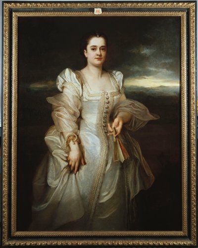 İnci işlemeli beyaz bir elbise giyen bir bayanın portresi by Adolphe Joseph Thomas Monticelli