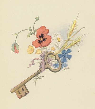 Anahtar ve çiçekler (renkli lito) by Adolphe Leon Willette