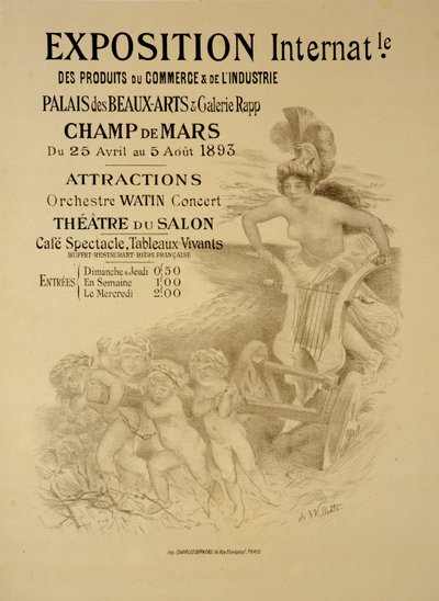 Uluslararası Ticari ve Endüstriyel Ürünler Sergisi, Palais des Beaux-Arts ve Galerie Rapp, Champ de Mars, Paris, 1893 reklam afişinin çoğaltılması by Adolphe Leon Willette