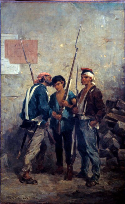1848 Devrimi: “” slogan”””” 24/02/1848 günü Parisli ayaklanmalar, sözü barikatların yakınından geçirir. Adolphe Pierre Leleux (1812-1891) 1848 Sun tarafından tablo. 0,93x0,58 m by Adolphe Pierre Leleux