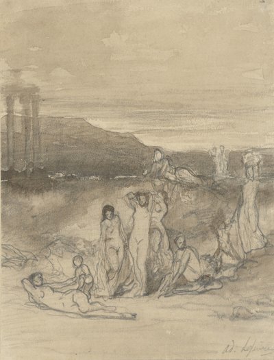 Yatan, ayakta duran ve oturan çıplak figürler ve bir tapınak harabesi ile klasik manzara by Adolphe René Lefèvre