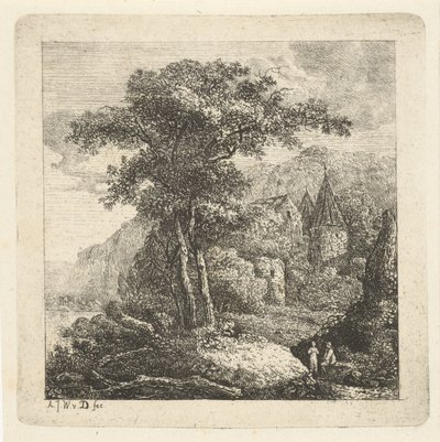Ağaçlar, kale ve iki figür ile dağlık manzara by Adriaan Jacob Willem van Dielen