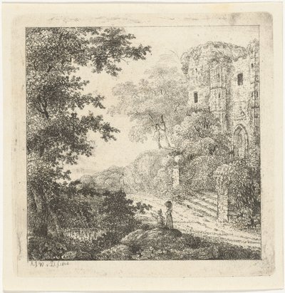 Bir kalenin kalıntılarında figürlerle manzara by Adriaan Jacob Willem van Dielen