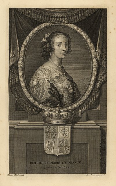 Fransa Kralı Henrietta Maria, İngiltere Kralı I. Charles'ın eşi. Henriette Marie de France. Dantel yakalı elbise, inci kolye. Taç ve arması ile. Isaac de Larrey'nin H'sinden Adriaen van der Werff'ten sonra Charles Simonneau'nun bakır le by Adriaan van der (after) Werff