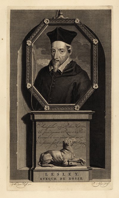 John Lesley, İskoç tarihçi ve Ross Piskoposu. Rosse Piskoposu. Anahtarlı köpek. Isaac de Larrey'nin Histoire d'Angleterre, d'Ecosse et d'Irlande, Amsterdam'dan Adriaen van der Werff'ten sonra Pieter Stevens van Gunst tarafından yapı by Adriaan van der (after) Werff