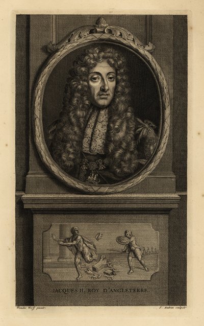 İngiltere Kralı II. James, İskoçya Kralı VII. Jacques Roy d'Angleterre. Peruk, dantel başörtüsü, Aziz George ve ejderha figürlü zincir. Vignette, bir Roma imparatorunun tacını bir askere kaptırdığını gösteriyor. Reklamdan sonra Jean Audran tarafından b by Adriaan van der (after) Werff