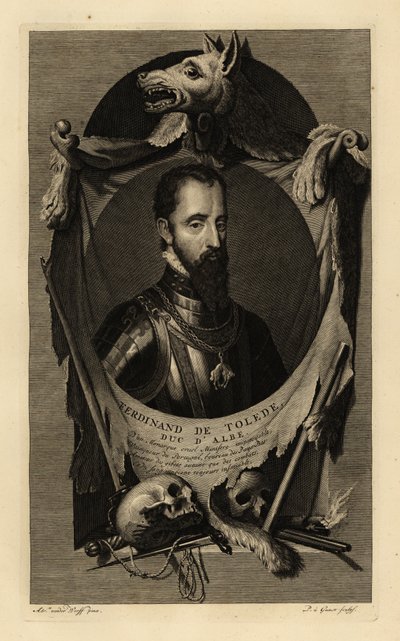 Ferdinand Alvarez de Toledo y Pimentel, 3. Alba Dükü veya Demir Dük'ün portresi. Altın Post düzenine sahip zincirli zırh takımı içinde. Kurt derisi, insan kafatasları, kılıç, hançer ve çakmaklı tabanca ile. Ferdinand de Tolede, Duc d'Albe. Bakır by Adriaan van der (after) Werff