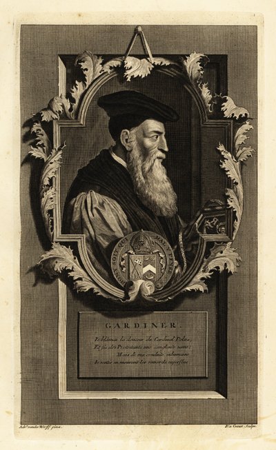 Winchester Piskoposu ve politikacı Stephen Gardiner'in portresi. Arması ile. Isaac de Larrey'nin Histoire d'Angleterre, d'Ecosse et d'Irlande, Reinier Leers, Rotterdam'dan Adriaen van der Werff'den sonra Pieter Stevens van Gunst by Adriaan van der (after) Werff