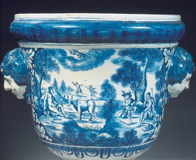 Barok tarzında büyük Delft mavi ve beyaz mitolojik bahçe vazosunun ters detayı, c.1700 (seramik) by Adriaen (fl.1868 d.1701) (attr.to) Kocks