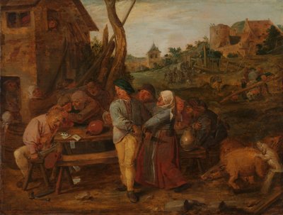 Bir Ülke Tavernasının Dışında Kart Dövüşü by Adriaen Brouwer