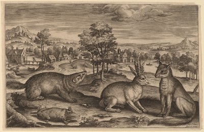 Köstebek, Porsuk, Boynuzlu Tavşan ve Tilki by Adriaen Collaert