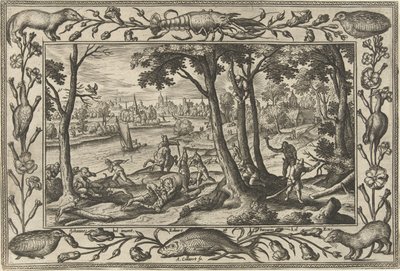 ayı avı İncil, mitolojik sahneler ve av sahneleri içeren manzaralar (dizi adı) by Adriaen Collaert