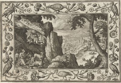 Daniel aslanın ininde İncil, mitolojik sahneler ve av sahneleri içeren manzaralar (dizi adı) by Adriaen Collaert