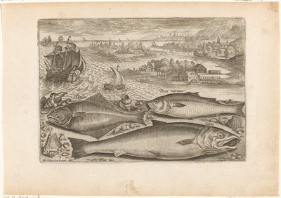 Sahilde üç balık Balık tutma (dizi adı) Piscium vivae simgeleri (seri başlığı) by Adriaen Collaert