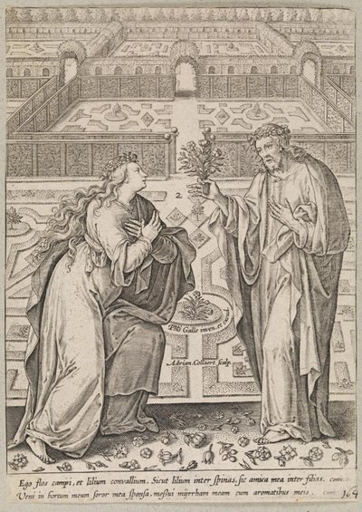 İsa ve gelini Ecclesia, bir bahçede by Adriaen Collaert